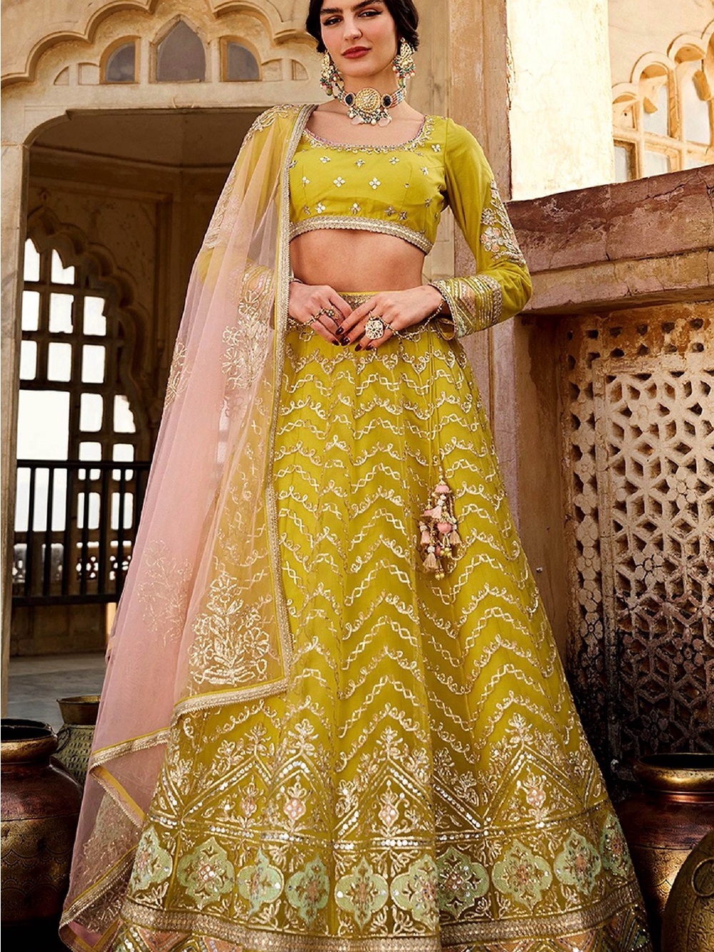 Elegant Olive-Green Bridal Lehenga with Pink Embroidered Dupatta